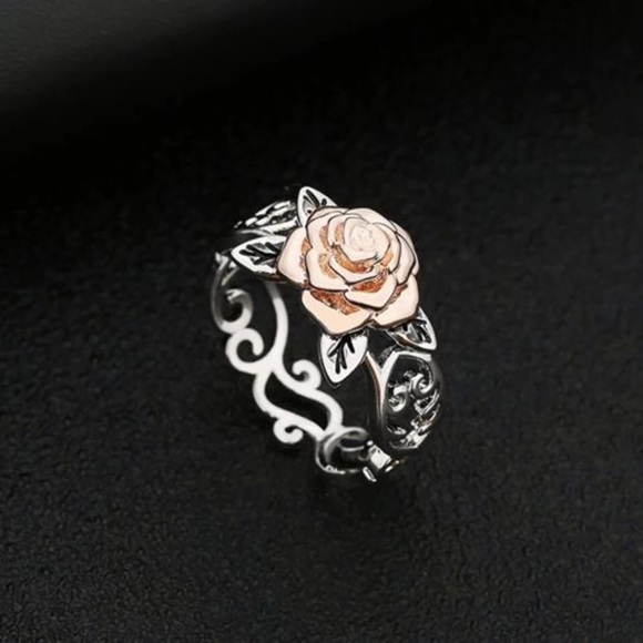 Sterling Silver Rose Gold Flower Scroll Ring - Picture 8 of 8